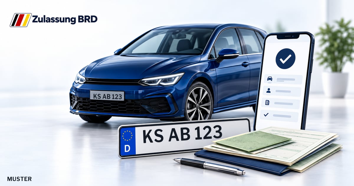 Online Fahrzeugzulassung in Kaufungen: Musterkennzeichen KS AB 123, Auto und Fahrzeugpapiere und Smartphone. Illustration mit Logo von Zulassung BRD.
